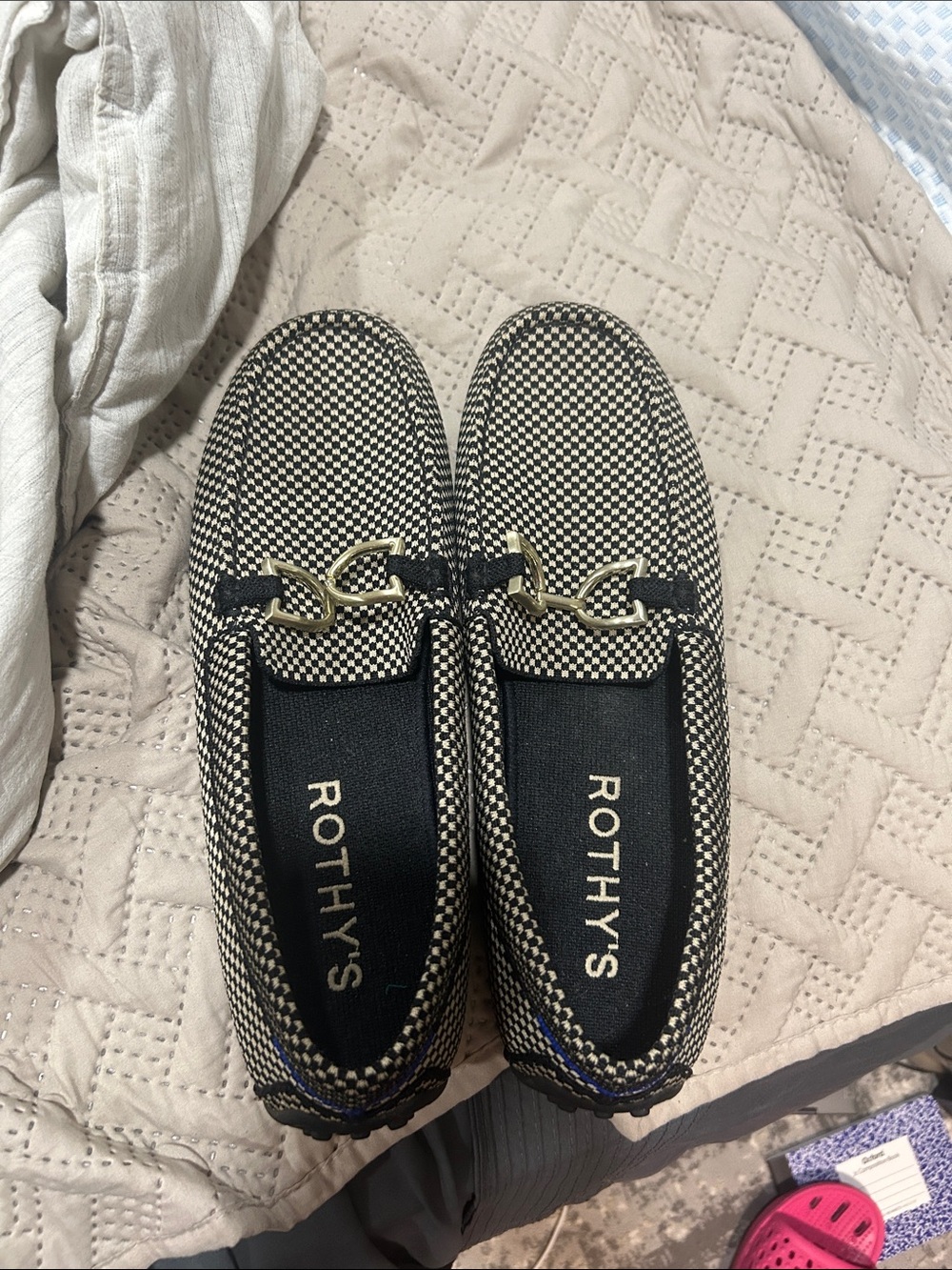 Rothy's Black and White Check Slip-On Loafers with Gold Hardware